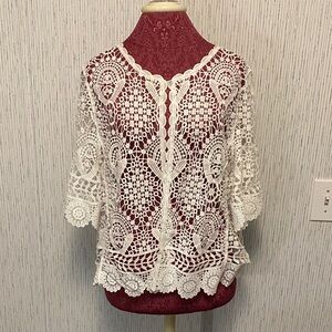 Perceptions Lace Crochet Size Large Cardigan Shrug Jacket with 3/4 Sleeves